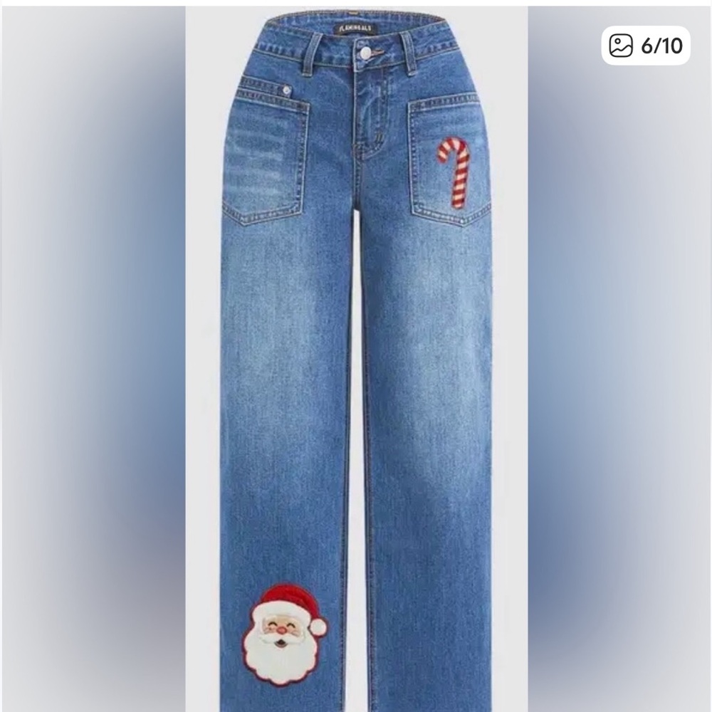 Flamingals Christmas Santa Pattern Embroidered Patch Pocket Jeans Large NWT - Picture 4 of 10